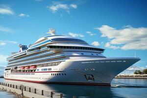 ai généré luxe blanc croisière navire amarré dans Port photo