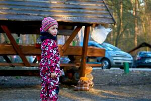 préscolaire fille dans rouge salopette à un l'automne printemps pique-nique photo