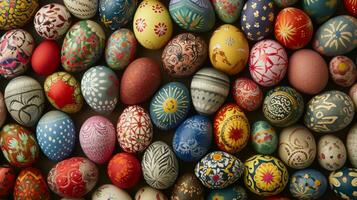 ai généré un tableau de magnifiquement décoré œufs, formant une vibrant et accrocheur toile de fond photo