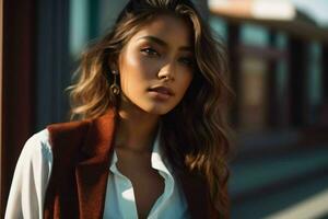 ai généré étourdissant magnifique Jeune femme avec haute contraste ombre et à la mode style photo