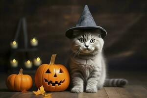 ai généré magnifique peu Écossais tigré chat avec Halloween chapeau photo