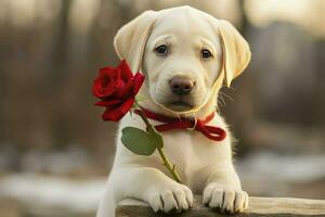 ai généré magnifique élégant Labrador chien portant rouge arc attacher et tenir rouge Rose photo