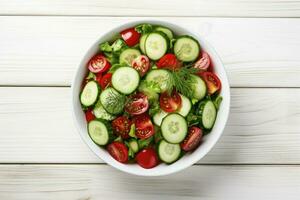 ai généré tomates et concombres vitamine salade dans une blanc bol, bois Contexte. photo