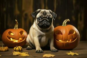 ai généré une marrant carlin chien chiot séance avec une citrouille photo