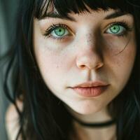 ai généré une magnifique femme avec vert yeux et noir cheveux dans fermer photo