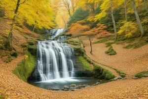 ai généré cascade dans l'automne forêt paysage Contexte. pro photo