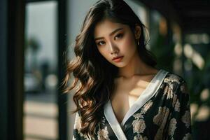 ai généré étourdissant magnifique Jeune asiatique femme avec haute contraste ombre et à la mode style. pro photo