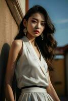 ai généré étourdissant magnifique Jeune asiatique femme avec haute contraste ombre et à la mode style. pro photo