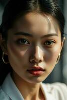 ai généré étourdissant magnifique Jeune asiatique femme avec haute contraste ombre et à la mode style. pro photo