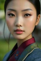 ai généré étourdissant magnifique Jeune asiatique femme avec haute contraste ombre et à la mode style. pro photo