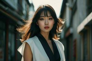 ai généré étourdissant magnifique Jeune asiatique femme avec haute contraste ombre et à la mode style. pro photo