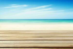 ai généré vide en bois table Haut avec une flou paysage marin été plage avec une bleu ciel Contexte. pro photo