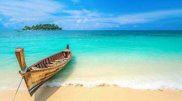 ai généré en bois canoë à le scénique plage dans asiatique recours île près populaire touristique destination Hôtel photo