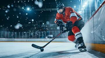 ai généré le hockey joueur dans casque notes objectif en portant le hockey bâton dans le sien main photo