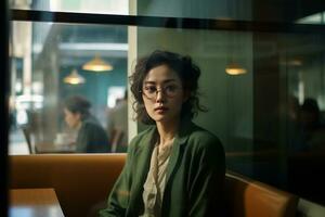 ai généré une femme avec des lunettes est séance dans le restaurant dans de face de fenêtre photo