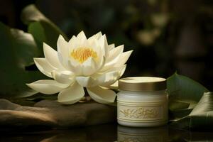 ai généré rose crème bouteille avec beauté des produits lotus fleur et feuilles sur bois Contexte. Naturel biologique peau se soucier. photo