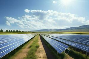 ai généré solaire panneau sur bleu ciel Contexte. panneaux installée dans tout droit longue Lignes. vert herbe et nuageux ciel. photo