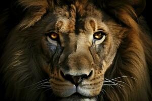 ai généré bannière avec fermer portrait de une Lion avec marron yeux et nez photo