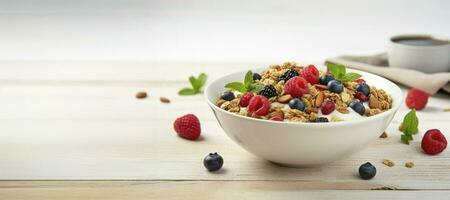 ai généré bol de avoine granola avec yaourt, Frais framboises, myrtilles, des fraises, mûres et des noisettes sur en bois planche photo