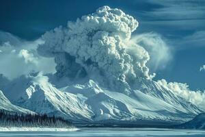 ai généré massif volcanique éruption dans une neigeux Arctique Région loin au-delà une Lac ou mer baie photo