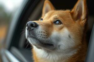 ai généré akita inu chien regards en dehors de un ouvert voiture fenêtre photo