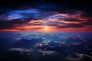 ai généré aérien vue au dessus des nuages à le coucher du soleil. magnifique la nature paysage. vue de avion la fenêtre. photo