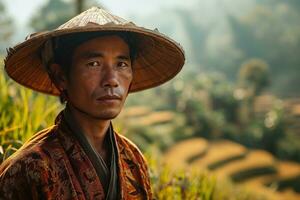 ai généré asiatique rural homme dans populaire vêtements contre le Contexte de une vallée avec agricole terrasses photo