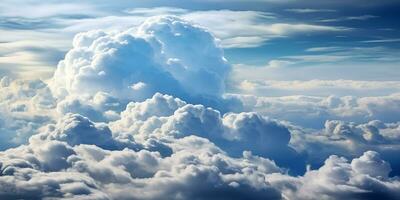 ai généré paysage nuageux, magnifique aérien vue au dessus des nuages sur ensoleillé journée photo