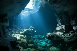 ai généré sous-marin la grotte avec lumière du soleil brillant par le l'eau photo