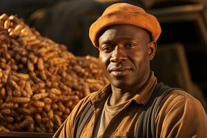 ai généré portrait de homme agriculteur avec récolté sucré patates sur une Contexte photo