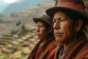 ai généré péruvien gens dans nationale vêtements contre une Contexte de montagneux paysage photo