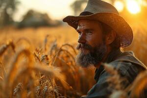 ai généré Masculin agriculteur dans blé champ photo