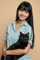 ai généré une Jeune femme en portant une noir chat sur isolé Contexte photo
