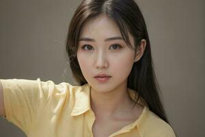 ai généré une magnifique Jeune asiatique femme dans une Jaune chemise photo