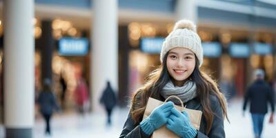 ai généré une souriant Jeune femme dans hiver Vêtements en portant achats sac photo