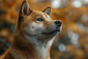 ai généré portrait de une shiba inu chien contemplant le l'automne paysage photo