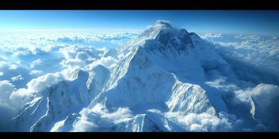 ai généré aérien vue de une haute Montagne de pointe en hausse au dessus le des nuages photo