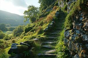 ai généré ancien pierre escalier sur une Montagne chemin photo