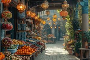 ai généré Oriental bazar avec une lanterne magasin photo