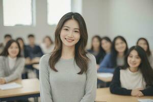 ai généré asiatique femelle prof dans salle de cours avec élèves photo