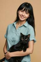 ai généré une Jeune femme en portant une noir chat sur isolé Contexte photo