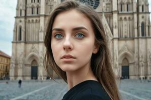 ai généré une magnifique Jeune femme dans de face de cathédrale photo