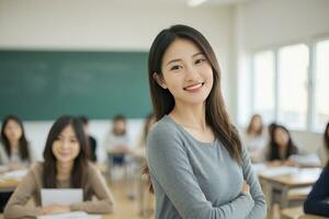 ai généré asiatique femelle prof dans salle de cours avec élèves photo