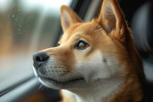 ai généré akita inu chien monte dans une voiture, regards en dehors le fenêtre photo