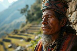 ai généré personnes âgées péruvien villageois dans nationale vêtements photo