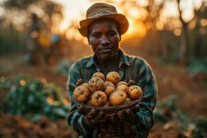 ai généré agricole ouvrier avec récolté patates photo