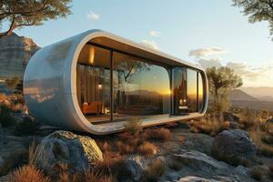 ai généré mini hôtel, futuriste cabine dans le montagneux zone photo