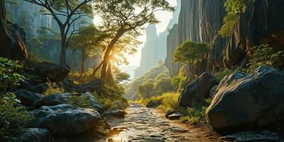 ai généré chemin dans une magnifique montagneux zone entre karst rochers photo