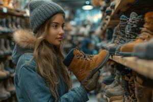 ai généré Jeune femme choisir trekking bottes dans une magasin photo