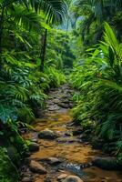 ai généré photographier capturer le vibrant la biodiversité de une tropical forêt tropicale photo